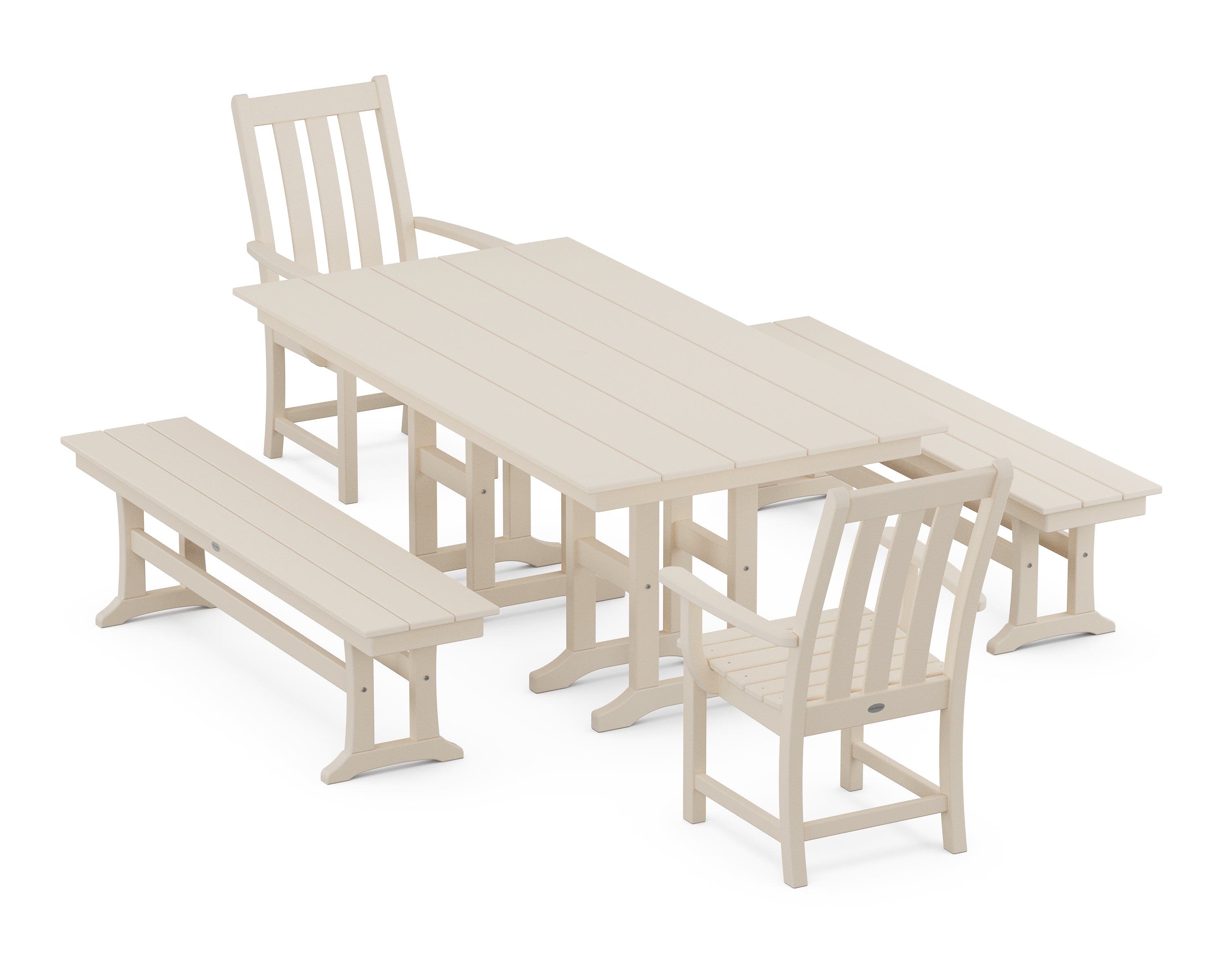 POLYWOOD® Vineyard 5-Piece Farmhouse Dining Set with Benches in Sand