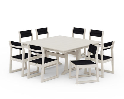 POLYWOOD® EDGE Sling Side Chair 9-Piece Farmhouse Trestle Dining Set in Sand / Black Sling