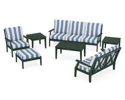 POLYWOOD® Braxton 7-Piece Deep Seating Set in Green / Cabana Stripe Sky Blue