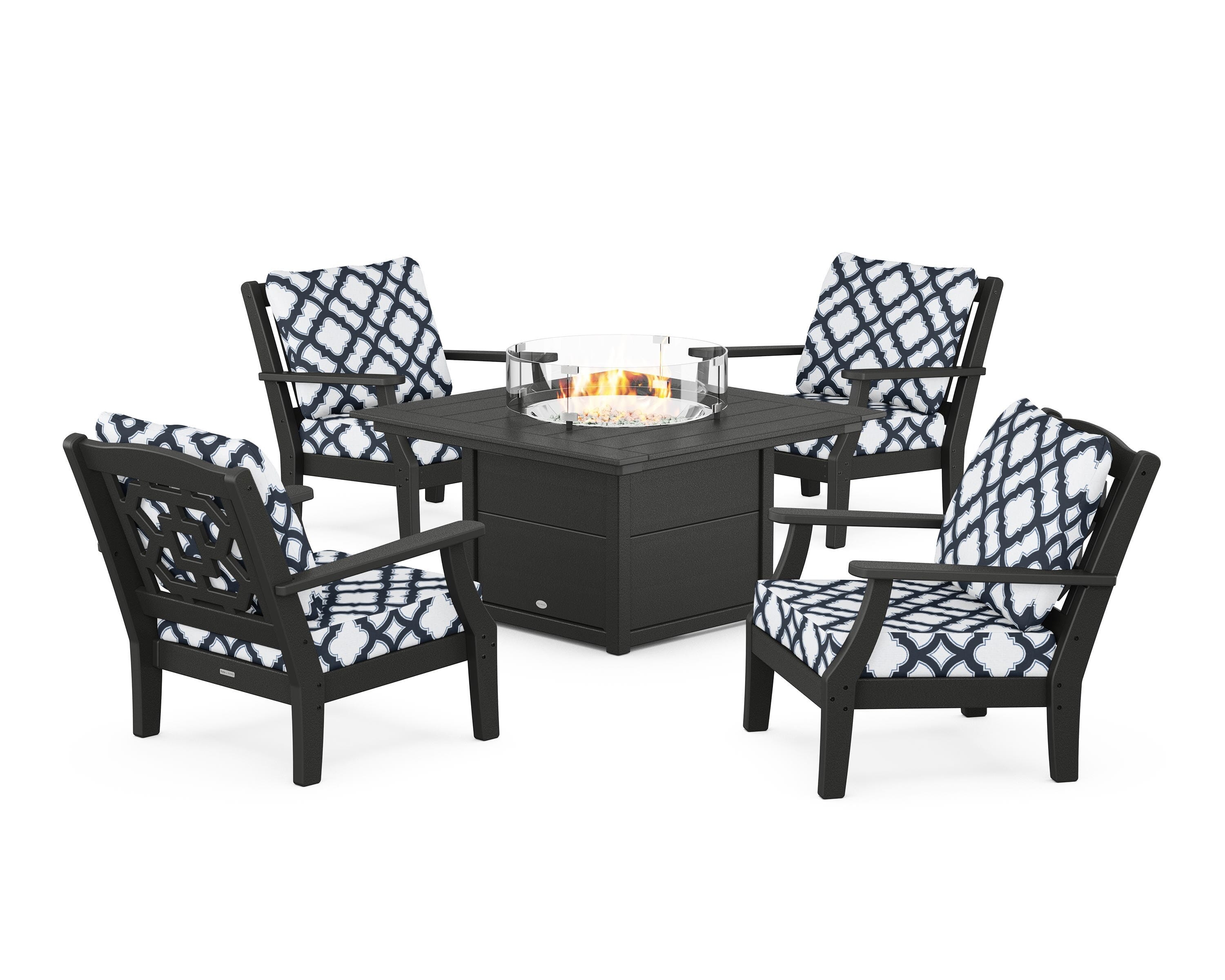 Martha Stewart by POLYWOOD® Chinoiserie 5-Piece Deep Seating Set with Fire Pit Table in Black / Trellis Marine Indigo