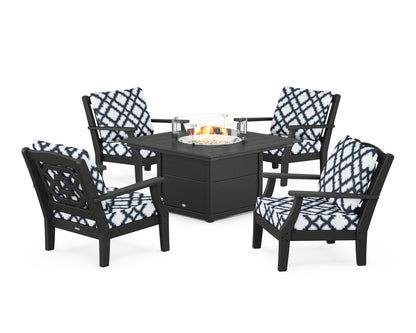 Martha Stewart by POLYWOOD® Chinoiserie 5-Piece Deep Seating Set with Fire Pit Table in Black / Trellis Marine Indigo