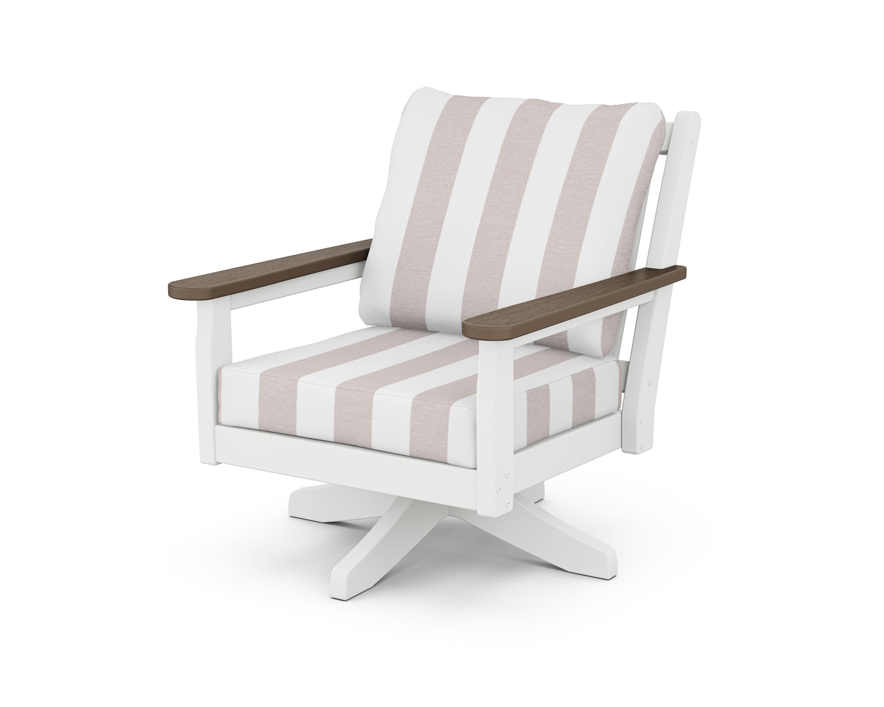 POLYWOOD® Chippendale Deep Seating Swivel Chair in White / Kona / Cabana Stripe Dune Burlap