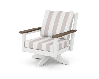 POLYWOOD® Chippendale Deep Seating Swivel Chair in White / Kona / Cabana Stripe Dune Burlap