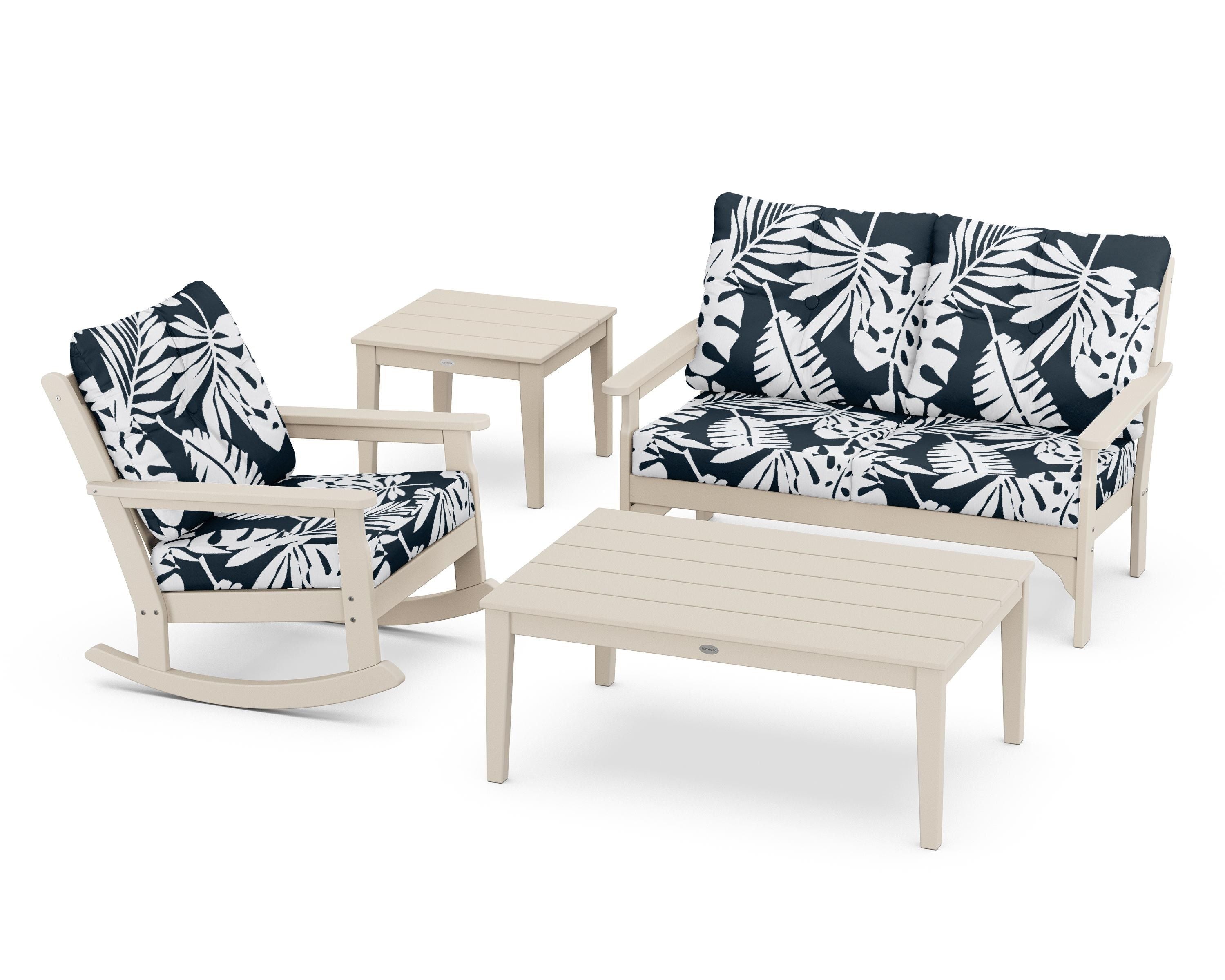 POLYWOOD® Vineyard 4-Piece Deep Seating Rocker Set in Sand / Leaf Marine Indigo