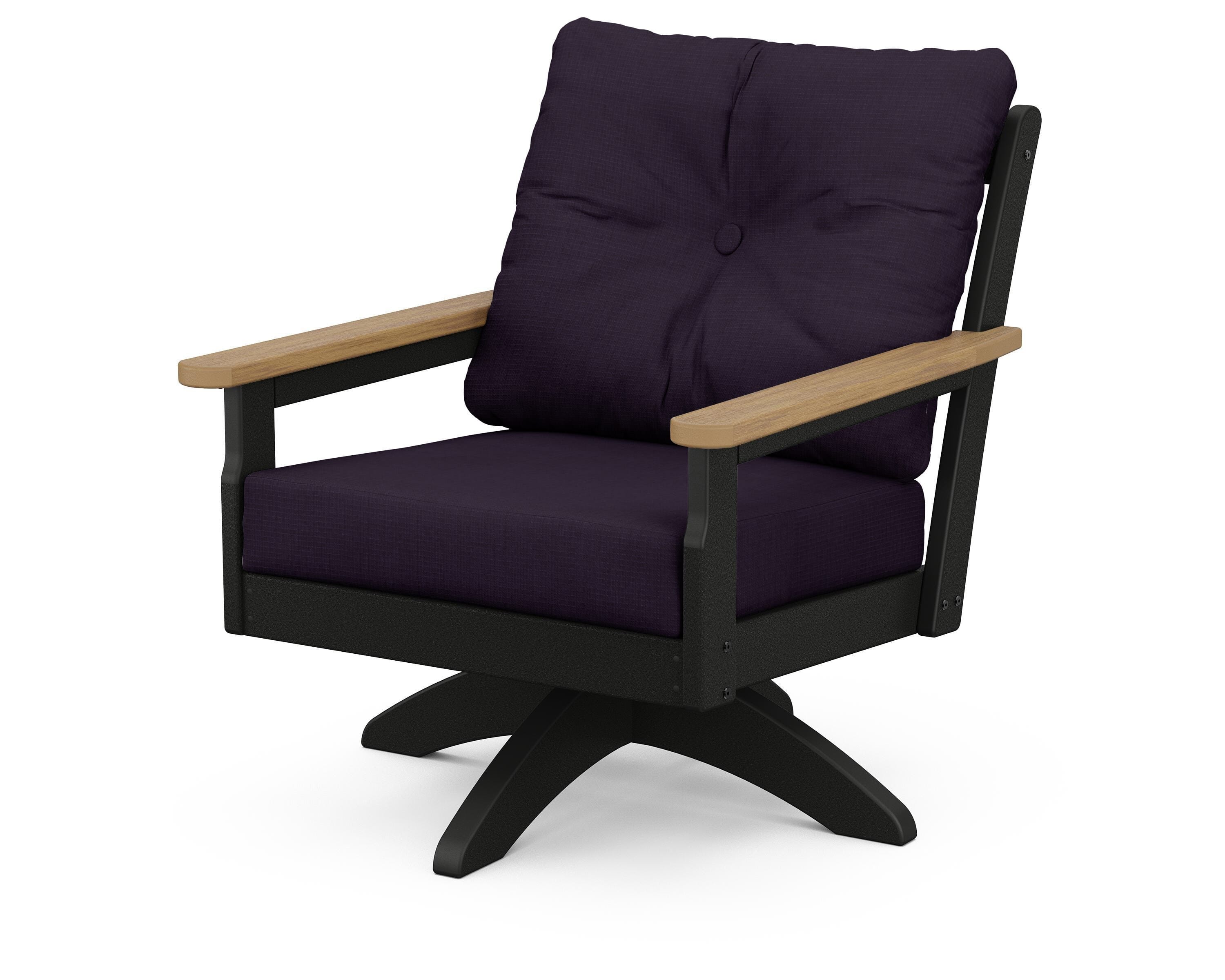 POLYWOOD® Vineyard Deep Seating Swivel Chair in Black / Natural / Navy Linen
