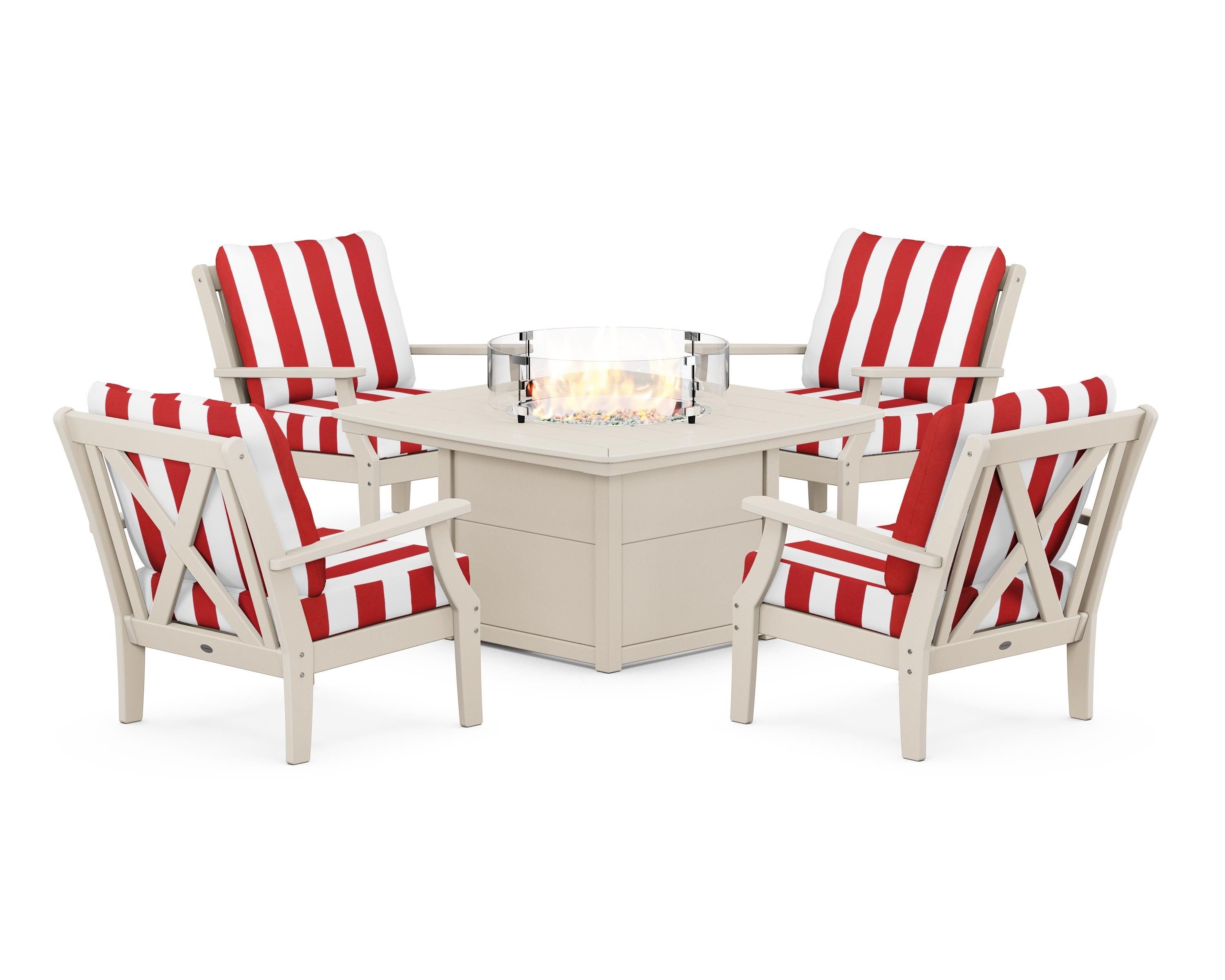 POLYWOOD® Braxton 5-Piece Deep Seating Conversation Set with Fire Pit Table in Sand / Cabana Stripe Crimson
