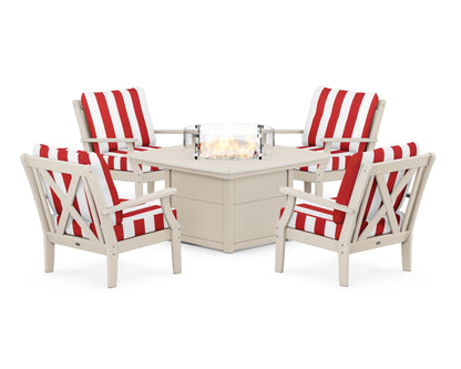 POLYWOOD® Braxton 5-Piece Deep Seating Conversation Set with Fire Pit Table in Sand / Cabana Stripe Crimson