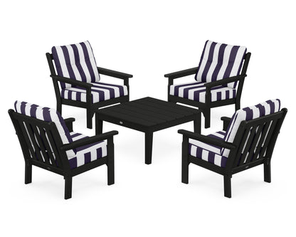 POLYWOOD® Vineyard 5-Piece Deep Seating Conversation Set in Black / Cabana Stripe Navy