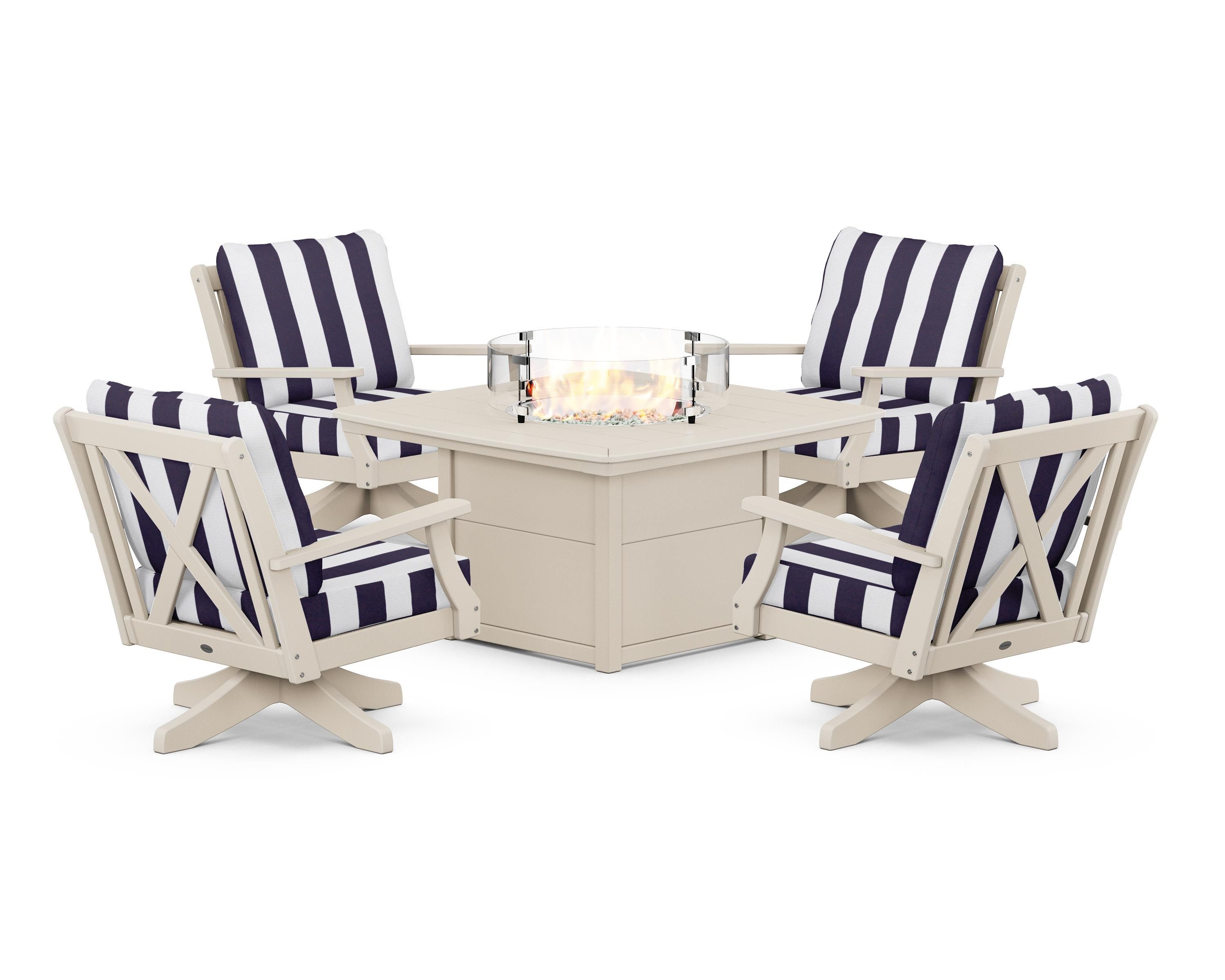 POLYWOOD® Braxton 5-Piece Deep Seating Swivel Conversation Set with Fire Pit Table in Sand / Cabana Stripe Navy