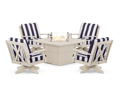 POLYWOOD® Braxton 5-Piece Deep Seating Swivel Conversation Set with Fire Pit Table in Sand / Cabana Stripe Navy