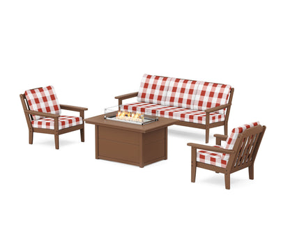 Country Living Cottage Deep Seating Fire Pit Table Set in Teak / Buffalo Plaid Crimson