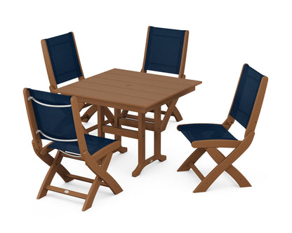 POLYWOOD® Coastal Folding Side Chair 5-Piece Farmhouse Dining Set in Teak / Navy Blue Sling