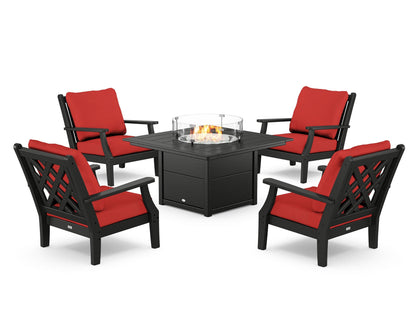 Country Living Wovendale 5-Piece Deep Seating Set with Fire Pit Table in Black / Crimson Linen