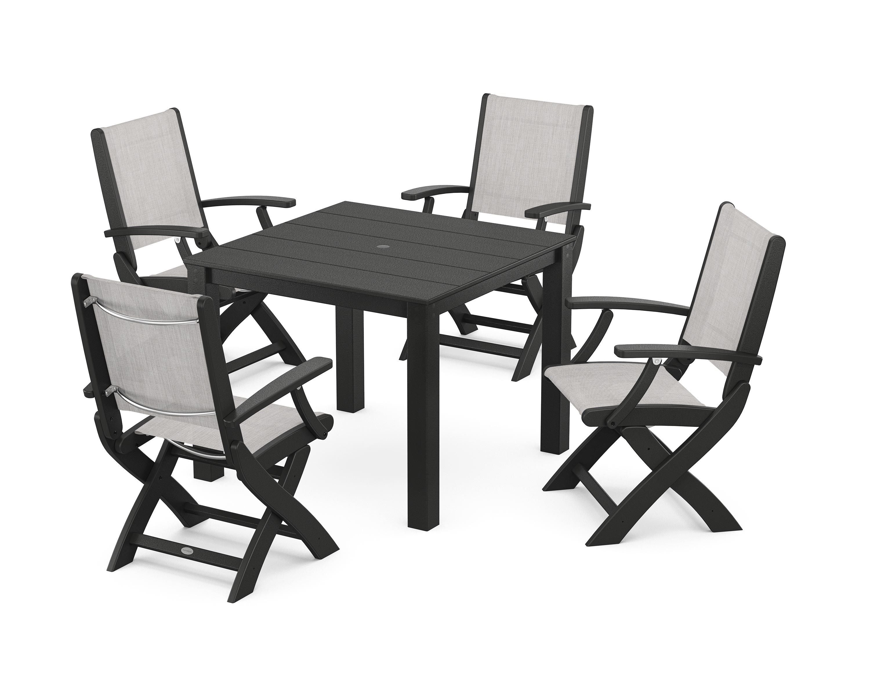 POLYWOOD® Coastal Folding Chair 5-Piece Parsons Dining Set in Black / Parchment Sling