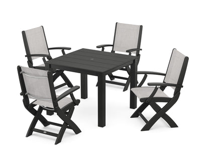 POLYWOOD® Coastal Folding Chair 5-Piece Parsons Dining Set in Black / Parchment Sling