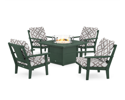 POLYWOOD® Prairie 5-Piece Deep Seating Set with Fire Pit Table in Green / Trellis Grey Mist