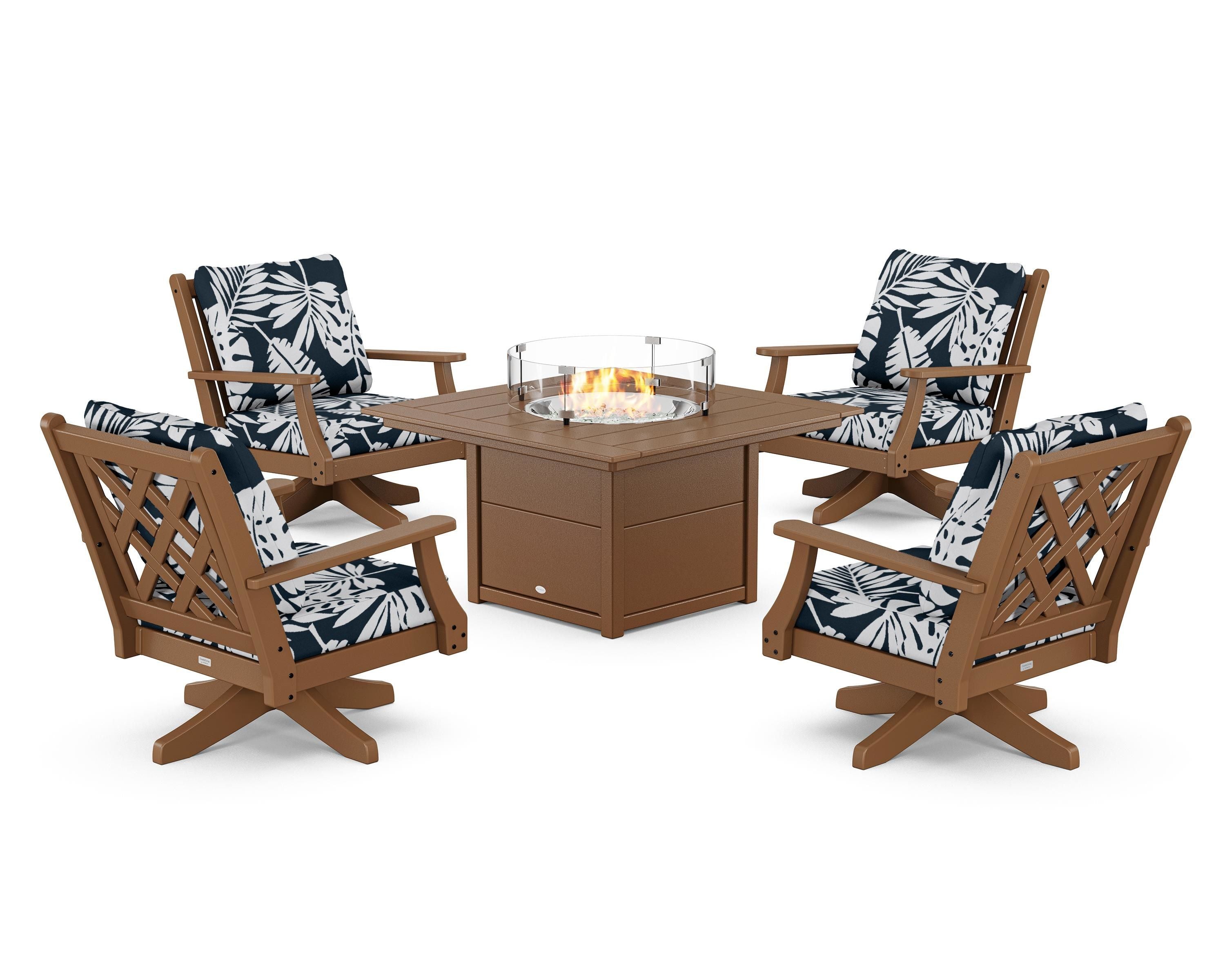 Country Living Wovendale 5-Piece Deep Seating Swivel Conversation Set with Fire Pit Table in Teak / Leaf Marine Indigo