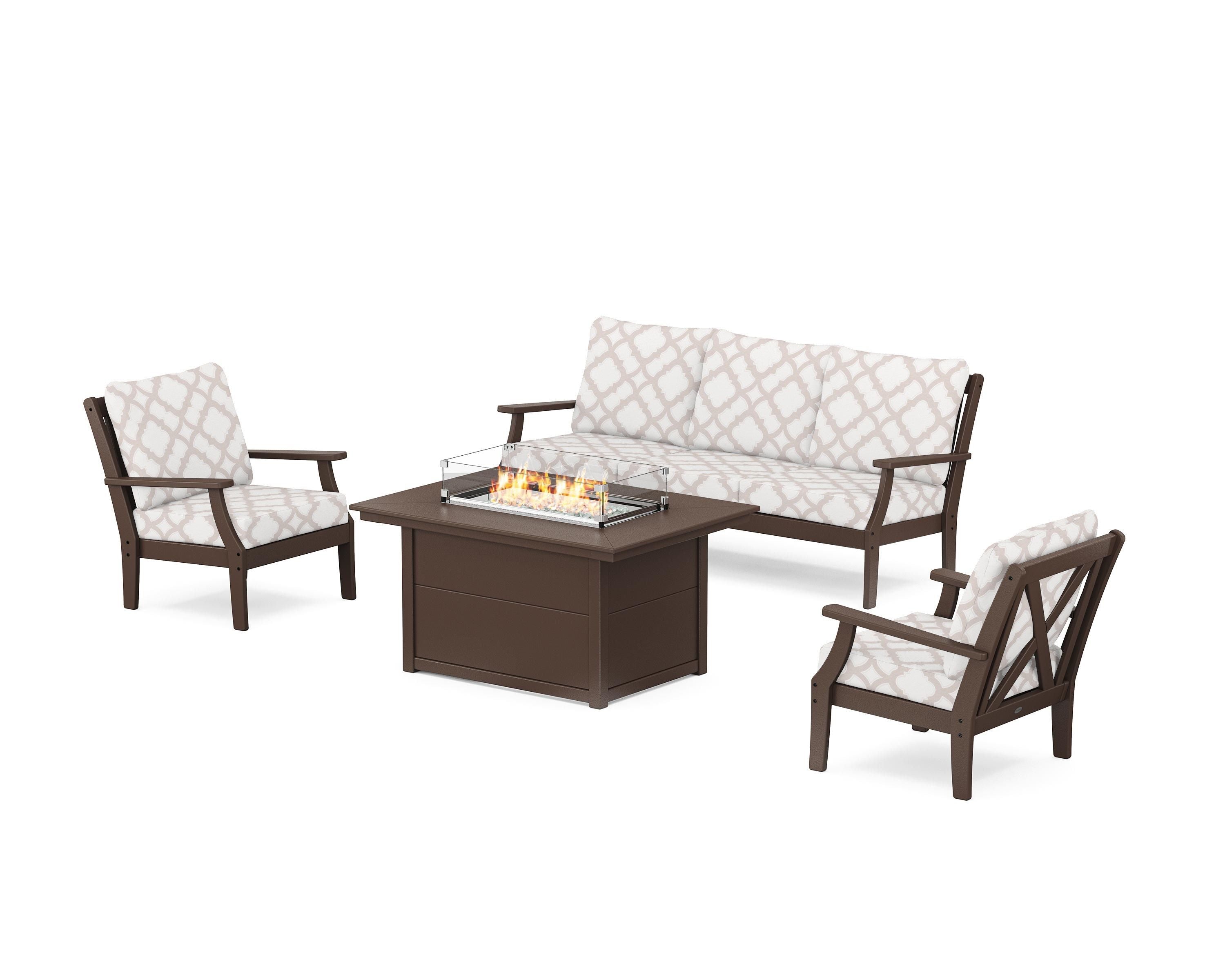 POLYWOOD® Braxton Deep Seating Fire Pit Table Set in Mahogany / Trellis Dune Burlap