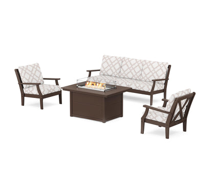 POLYWOOD® Braxton Deep Seating Fire Pit Table Set in Mahogany / Trellis Dune Burlap