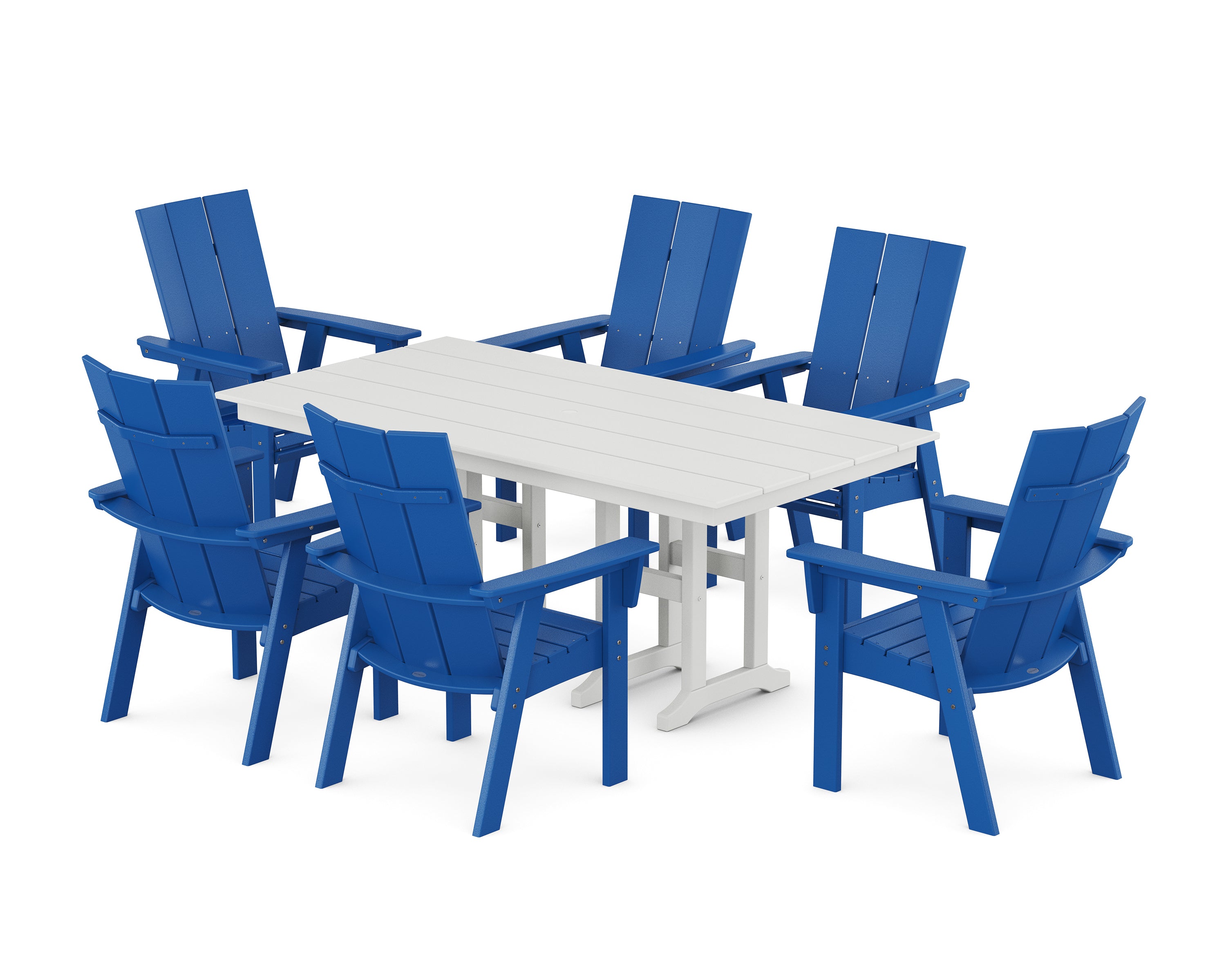 POLYWOOD® Modern Curveback Adirondack 7-Piece Farmhouse Dining Set in Pacific Blue / White