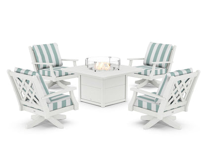 Country Living Wovendale 5-Piece Deep Seating Swivel Conversation Set with Fire Pit Table in White / Cabana Stripe Glacier Spa