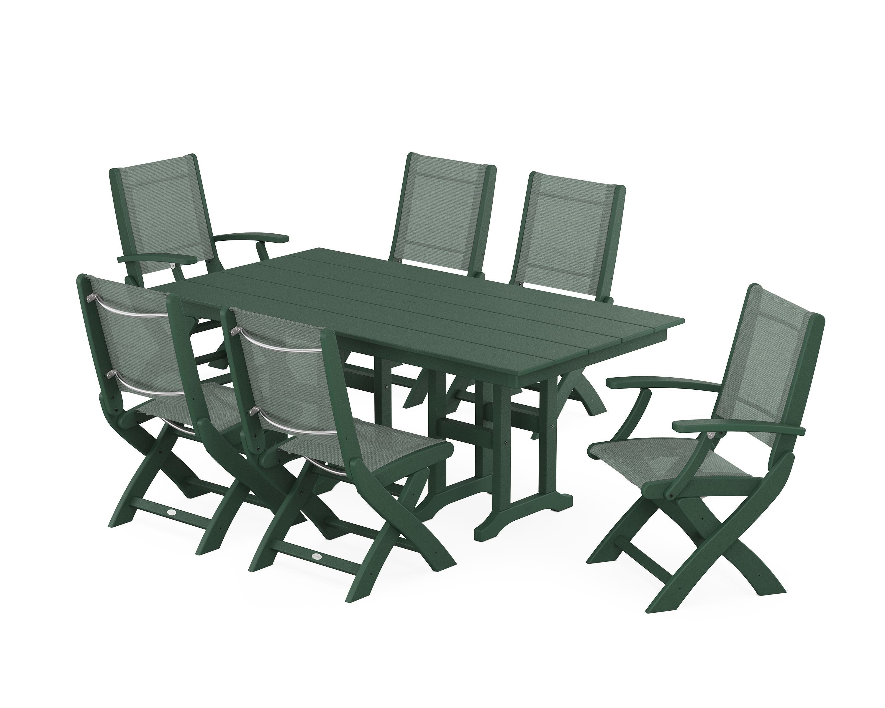 POLYWOOD® Coastal Folding Chair 7-Piece Farmhouse Dining Set in Green / Dupioni Sea Mist Sling