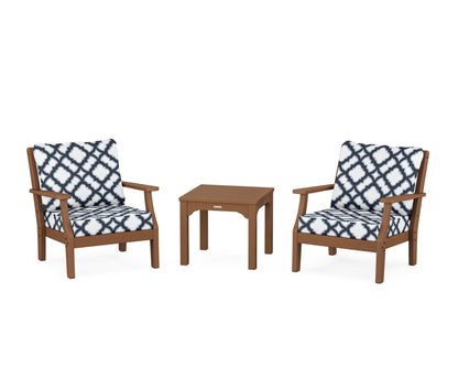 Martha Stewart by POLYWOOD® Chinoiserie 3-Piece Deep Seating Set in Teak / Trellis Marine Indigo