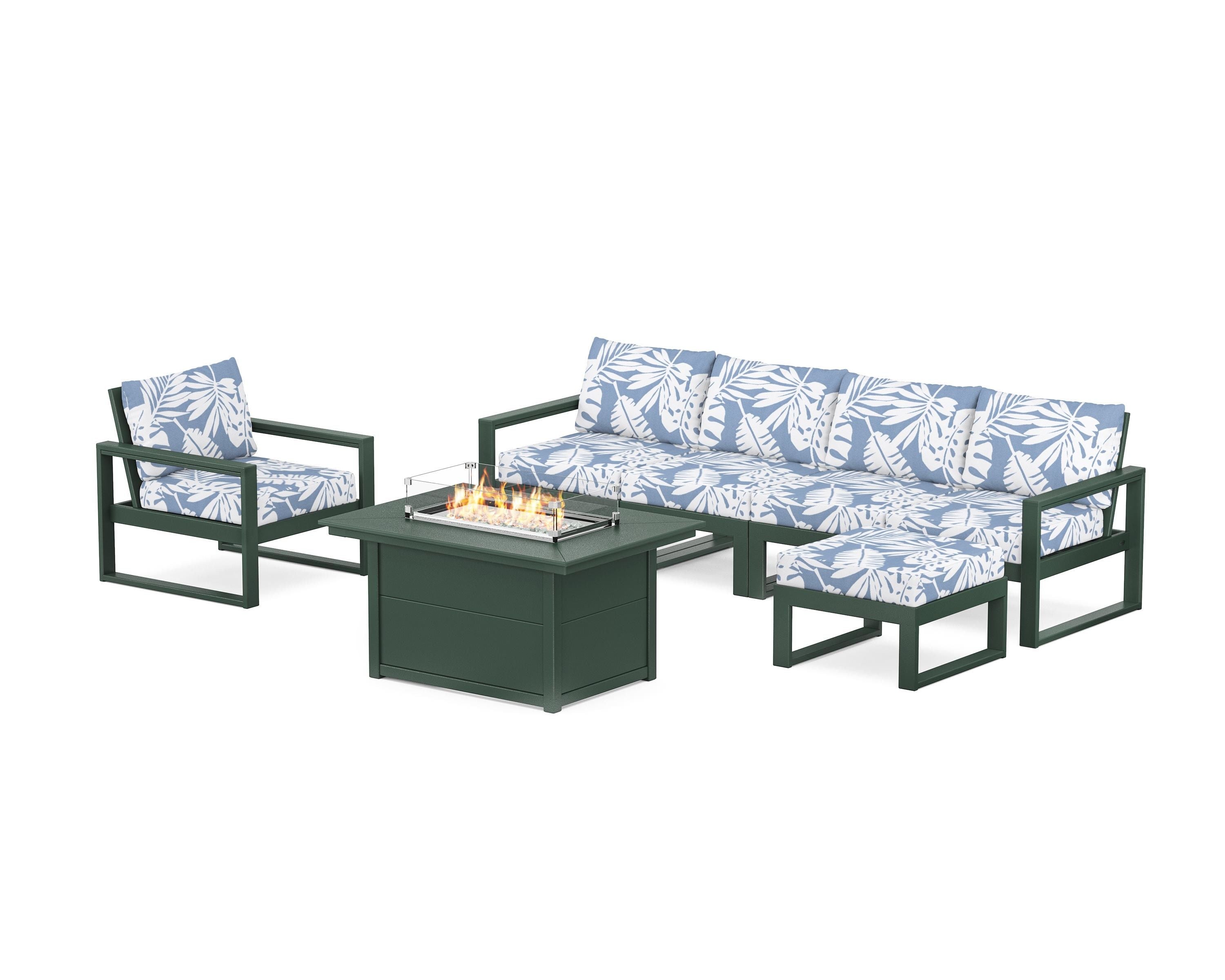 POLYWOOD® EDGE Sectional Lounge and Fire Pit Set in Green / Leaf Sky Blue