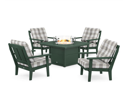POLYWOOD® Mission 5-Piece Deep Seating Set with Fire Pit Table in Green / Buffalo Plaid Grey Mist