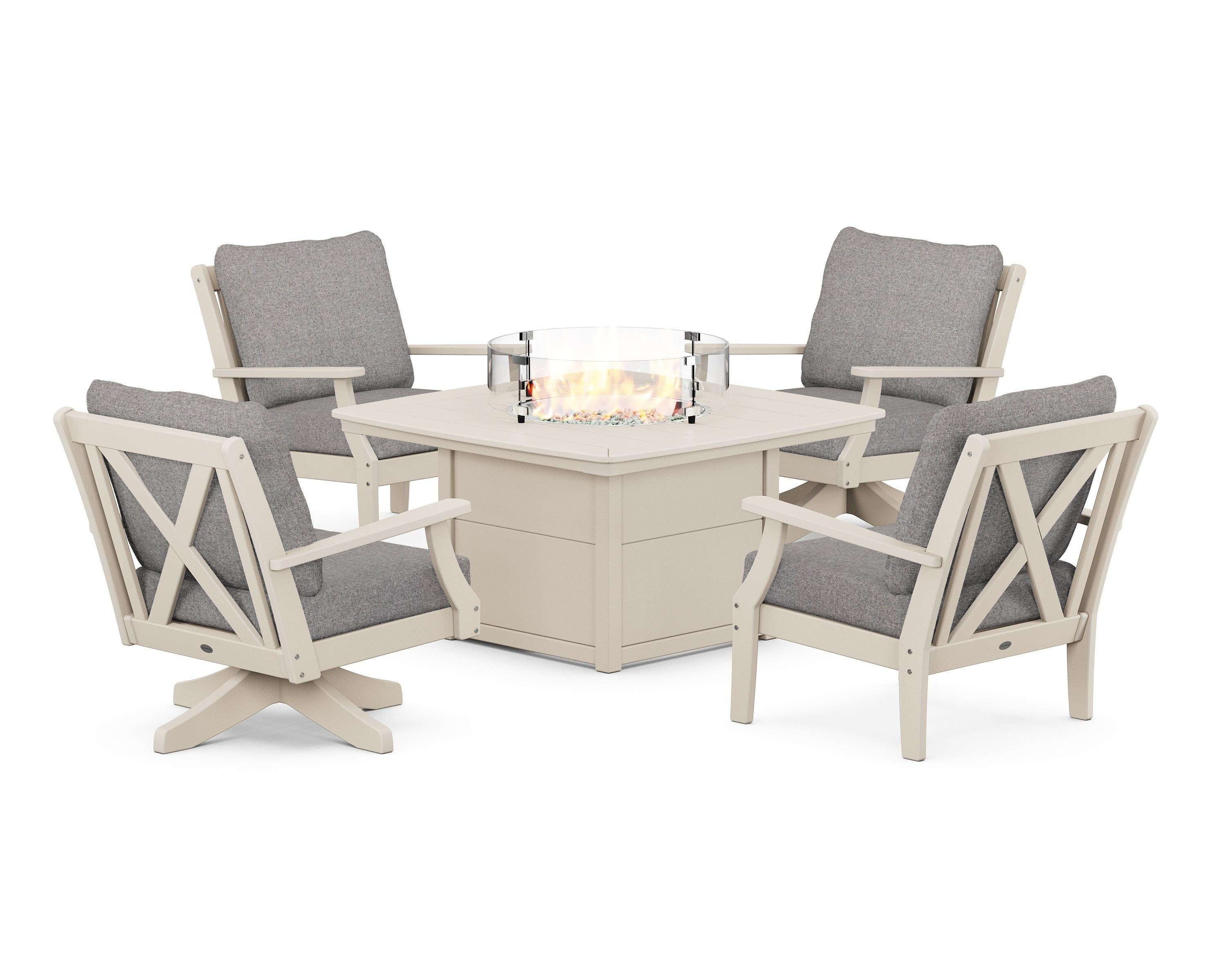 POLYWOOD® Braxton 5-Piece Deep Seating Set with Fire Table in Sand / Grey Mist