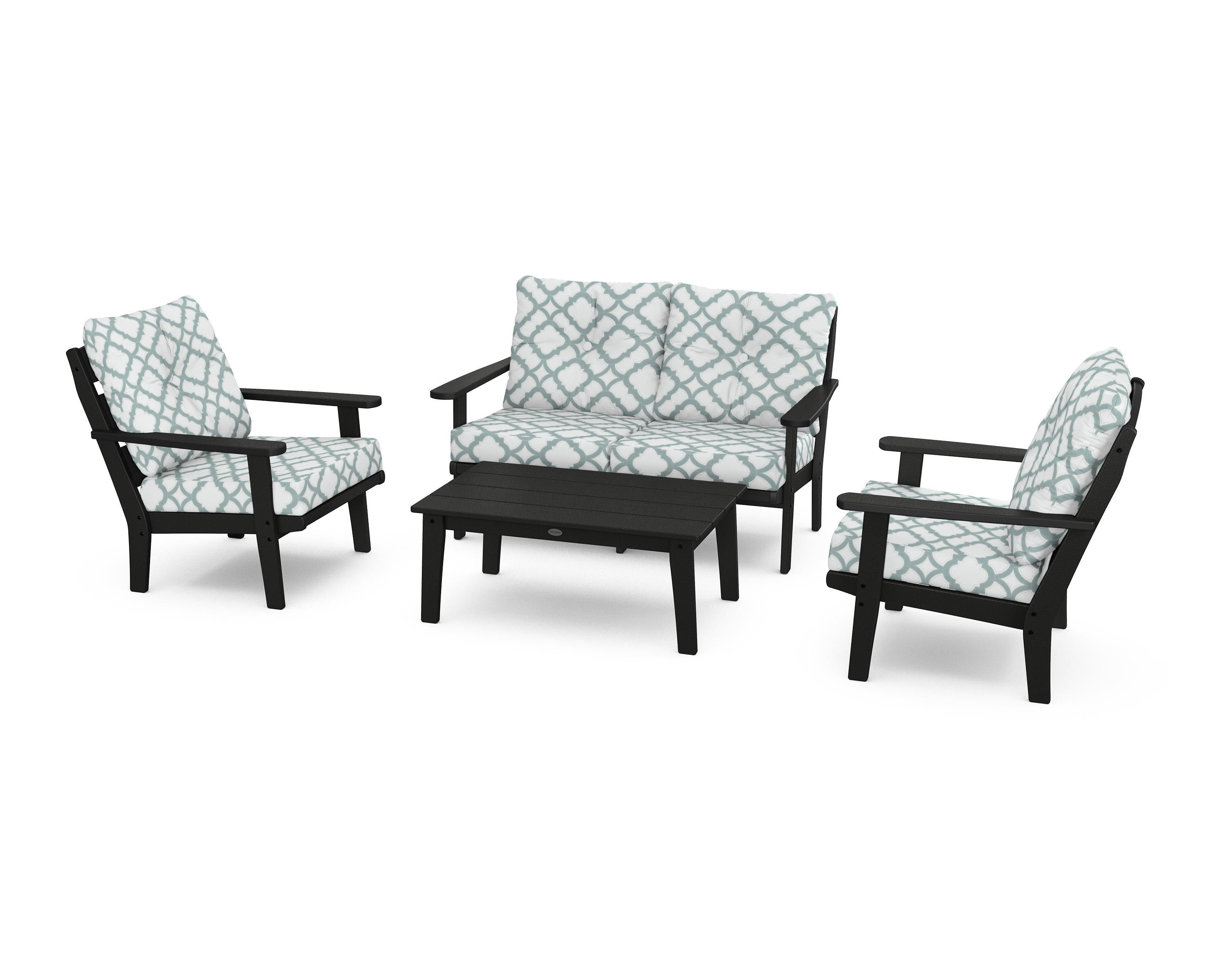 POLYWOOD® Lakeside 4-Piece Deep Seating Set in Black / Trellis Glacier Spa