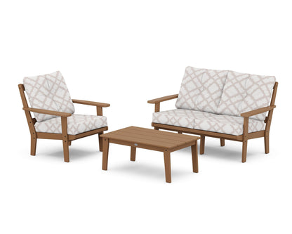 POLYWOOD® Prairie 3-Piece Deep Seating Set with Loveseat in Teak / Trellis Dune Burlap