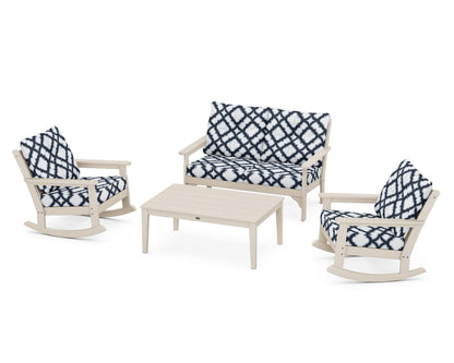 POLYWOOD® Vineyard 4-Piece Deep Seating Rocking Chair Set in Sand / Trellis Marine Indigo