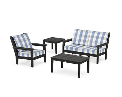POLYWOOD® Chippendale 4-Piece Deep Seating Set in Black / Buffalo Plaid Sky Blue