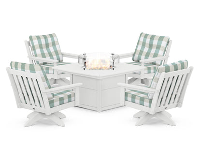 POLYWOOD® Vineyard 5-Piece Deep Seating Swivel Conversation Set with Fire Pit Table in White / Buffalo Plaid Glacier Spa