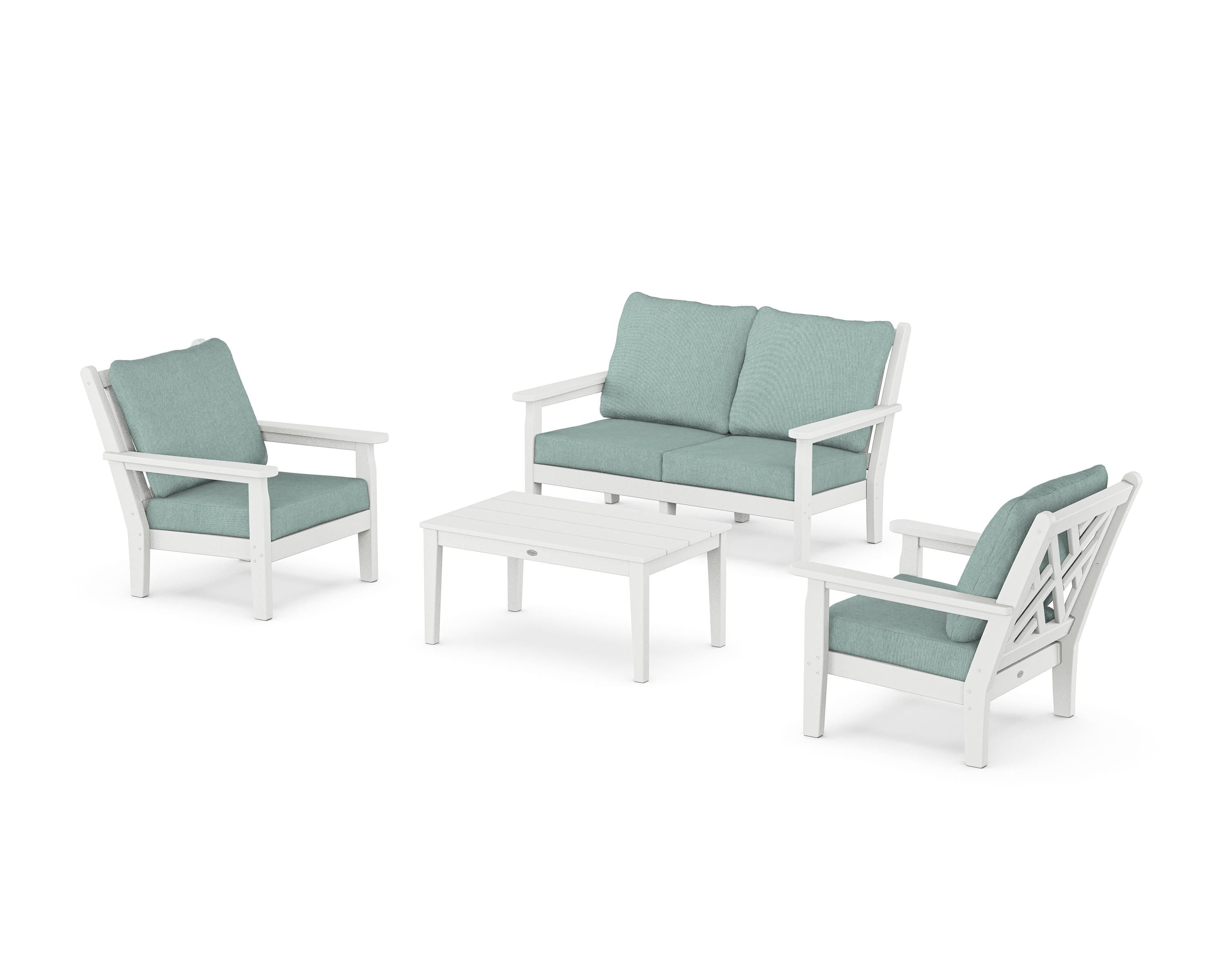 POLYWOOD® Chippendale 4-Piece Deep Seating Set with Loveseat in White / Glacier Spa