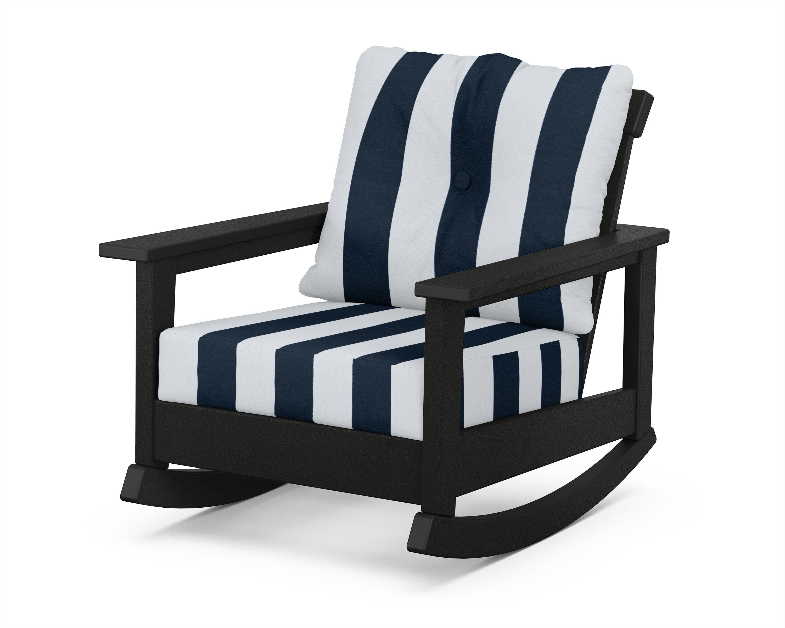 POLYWOOD® Prescott Deep Seating Rocking Chair in Black / Cabana Stripe Marine Indigo