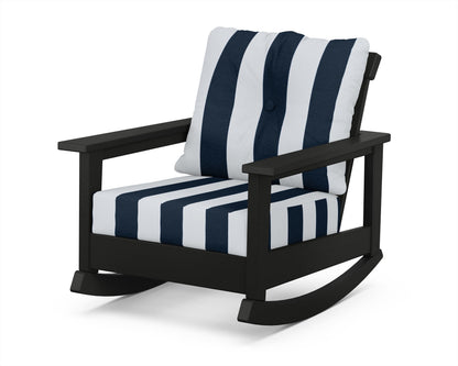 POLYWOOD® Prescott Deep Seating Rocking Chair in Black / Cabana Stripe Marine Indigo