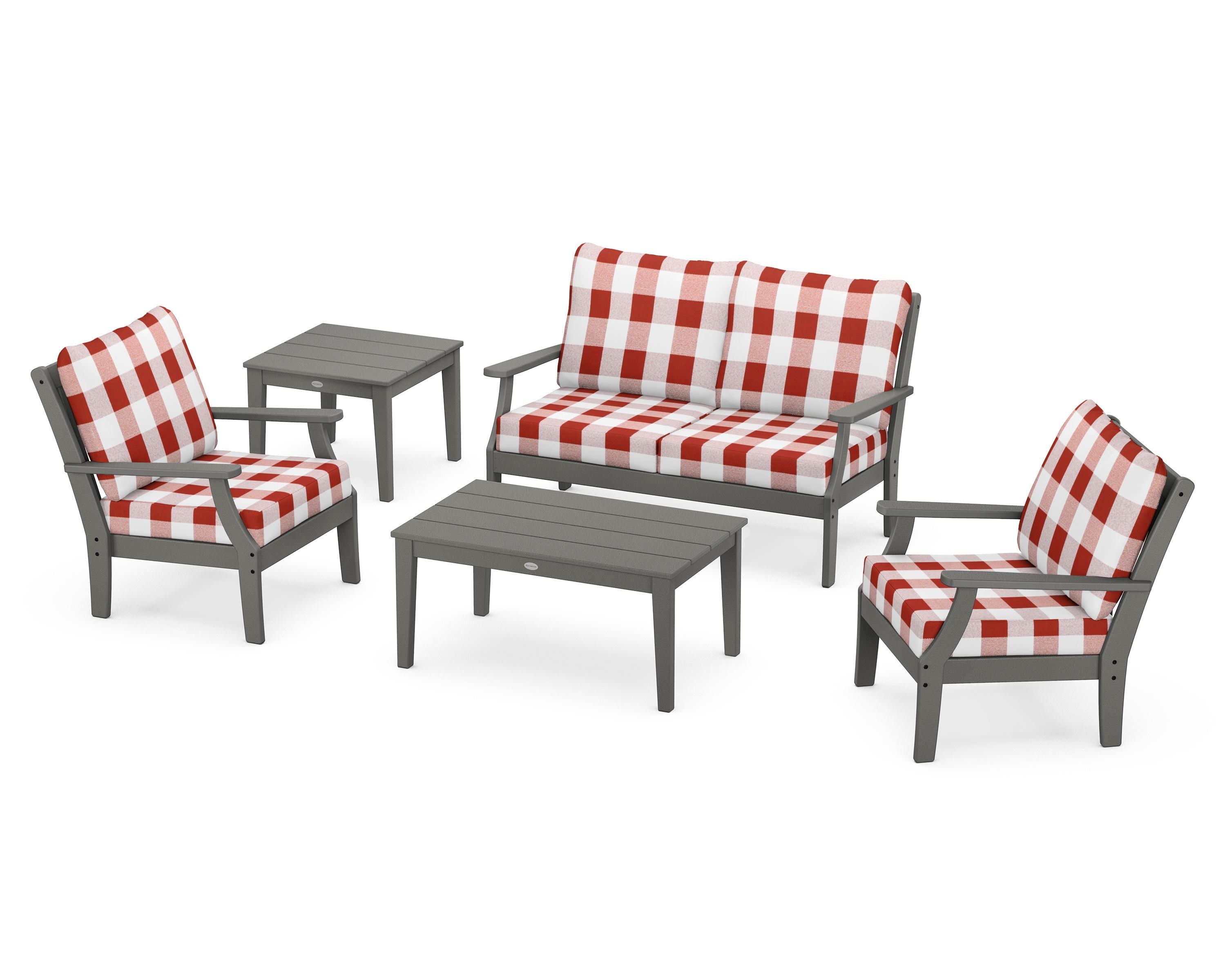 POLYWOOD® Braxton 5-Piece Deep Seating Set in Slate Grey / Buffalo Plaid Crimson