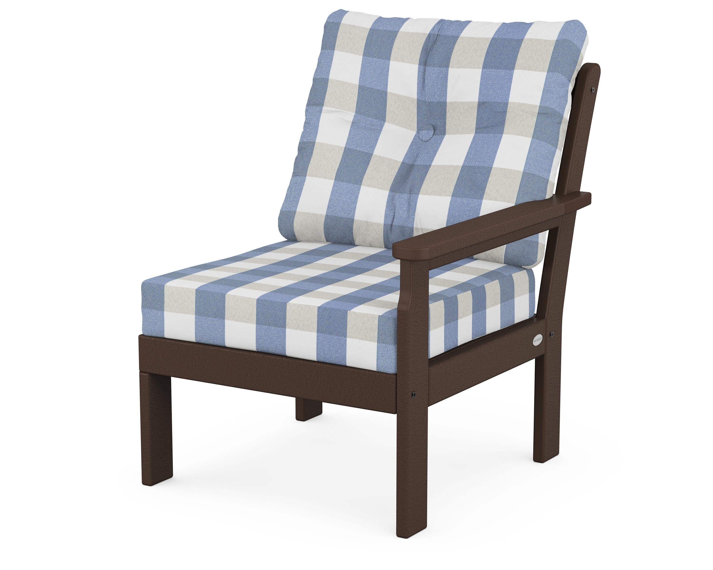 POLYWOOD® Vineyard Modular Right Arm Chair in Mahogany / Buffalo Plaid Sky Blue