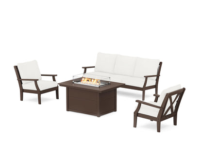 POLYWOOD® Braxton Deep Seating Fire Pit Table Set in Mahogany / Natural Linen
