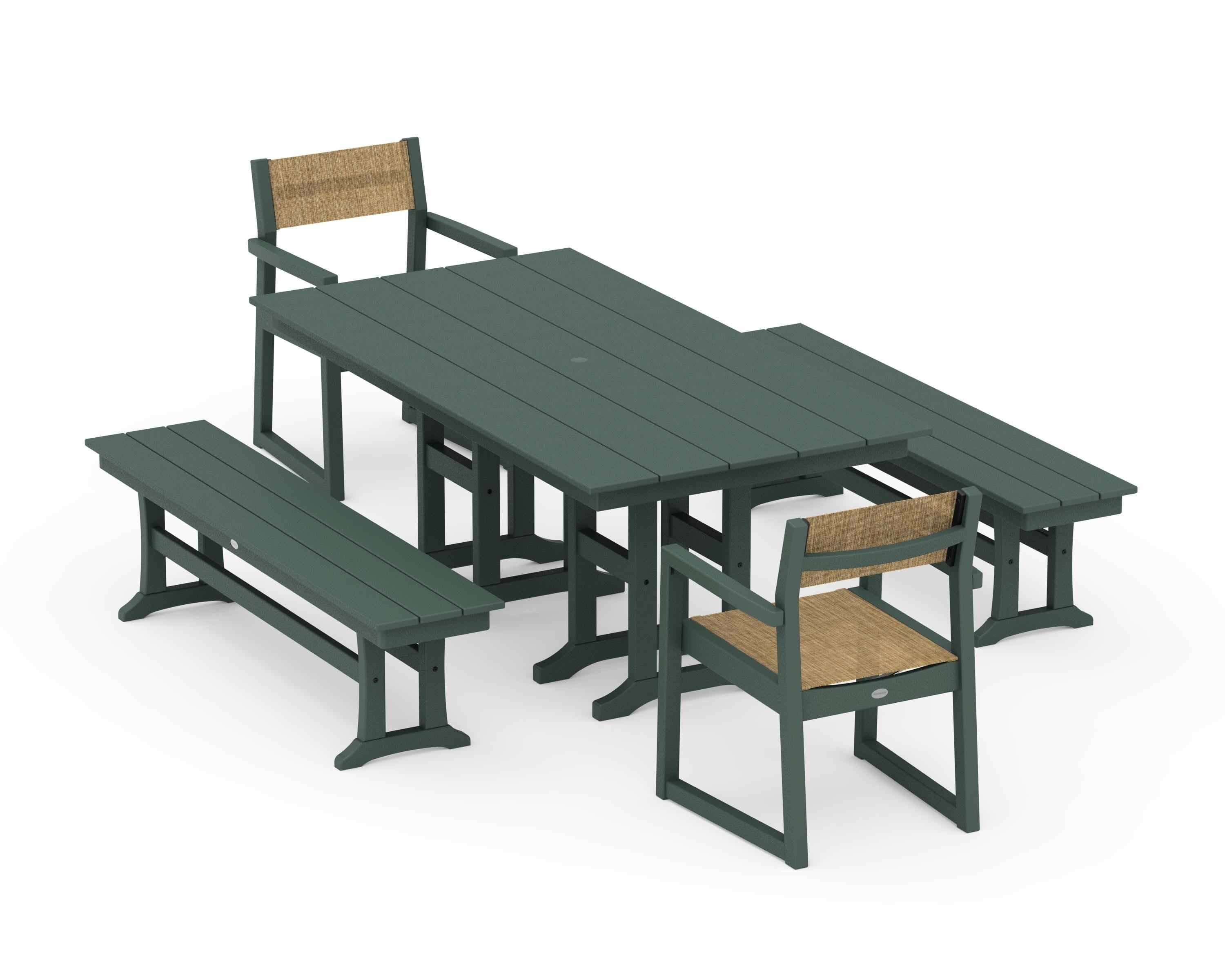POLYWOOD® EDGE Sling Arm Chair 5-Piece Farmhouse Dining Set with Benches in Green / Burlap Sling