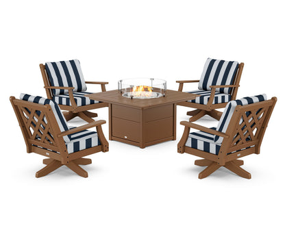 Country Living Wovendale 5-Piece Deep Seating Swivel Conversation Set with Fire Pit Table in Teak / Cabana Stripe Marine Indigo