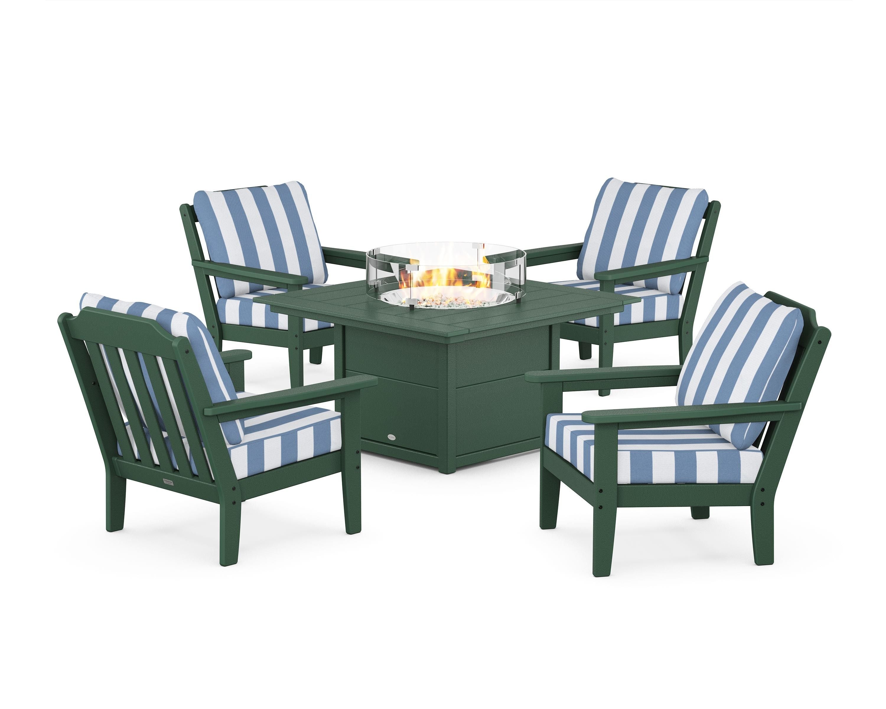 Country Living Cottage 5-Piece Deep Seating Set with Fire Pit Table in Green / Cabana Stripe Sky Blue