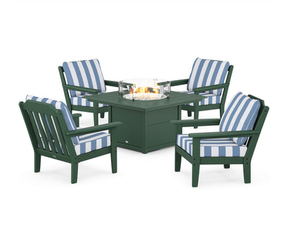 Country Living Cottage 5-Piece Deep Seating Set with Fire Pit Table in Green / Cabana Stripe Sky Blue
