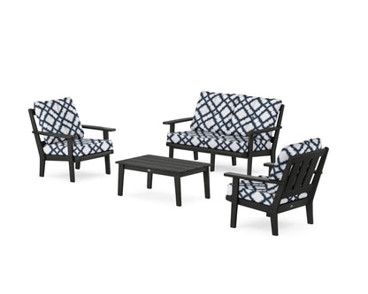POLYWOOD® Oxford 4-Piece Deep Seating Set with Loveseat in Black / Trellis Marine Indigo