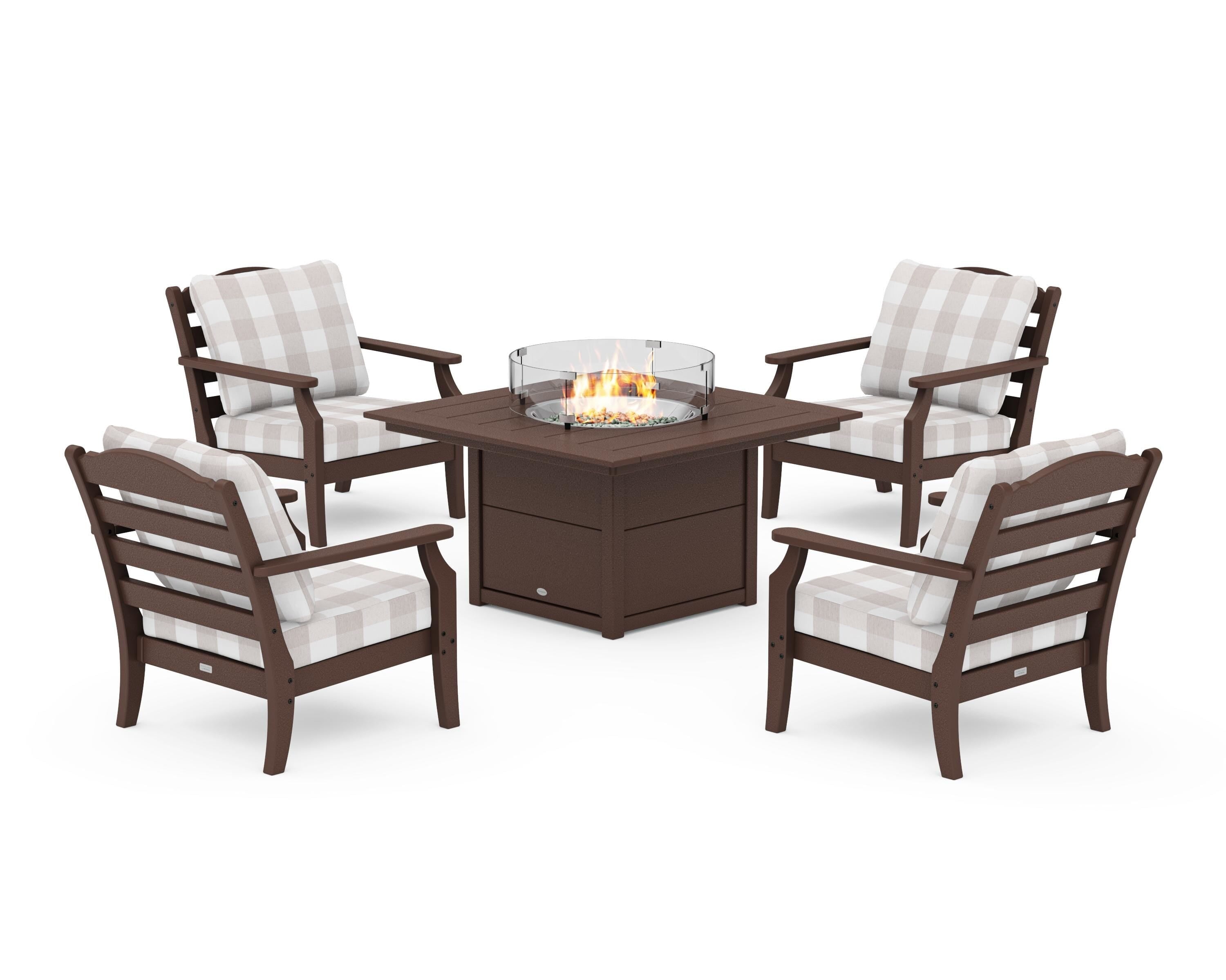 Draper James™ by  POLYWOOD® Savannah 5-Piece Deep Seating Set with Fire Pit Table in Mahogany / Buffalo Plaid Dune Burlap
