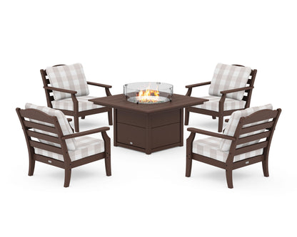 Draper James™ by  POLYWOOD® Savannah 5-Piece Deep Seating Set with Fire Pit Table in Mahogany / Buffalo Plaid Dune Burlap