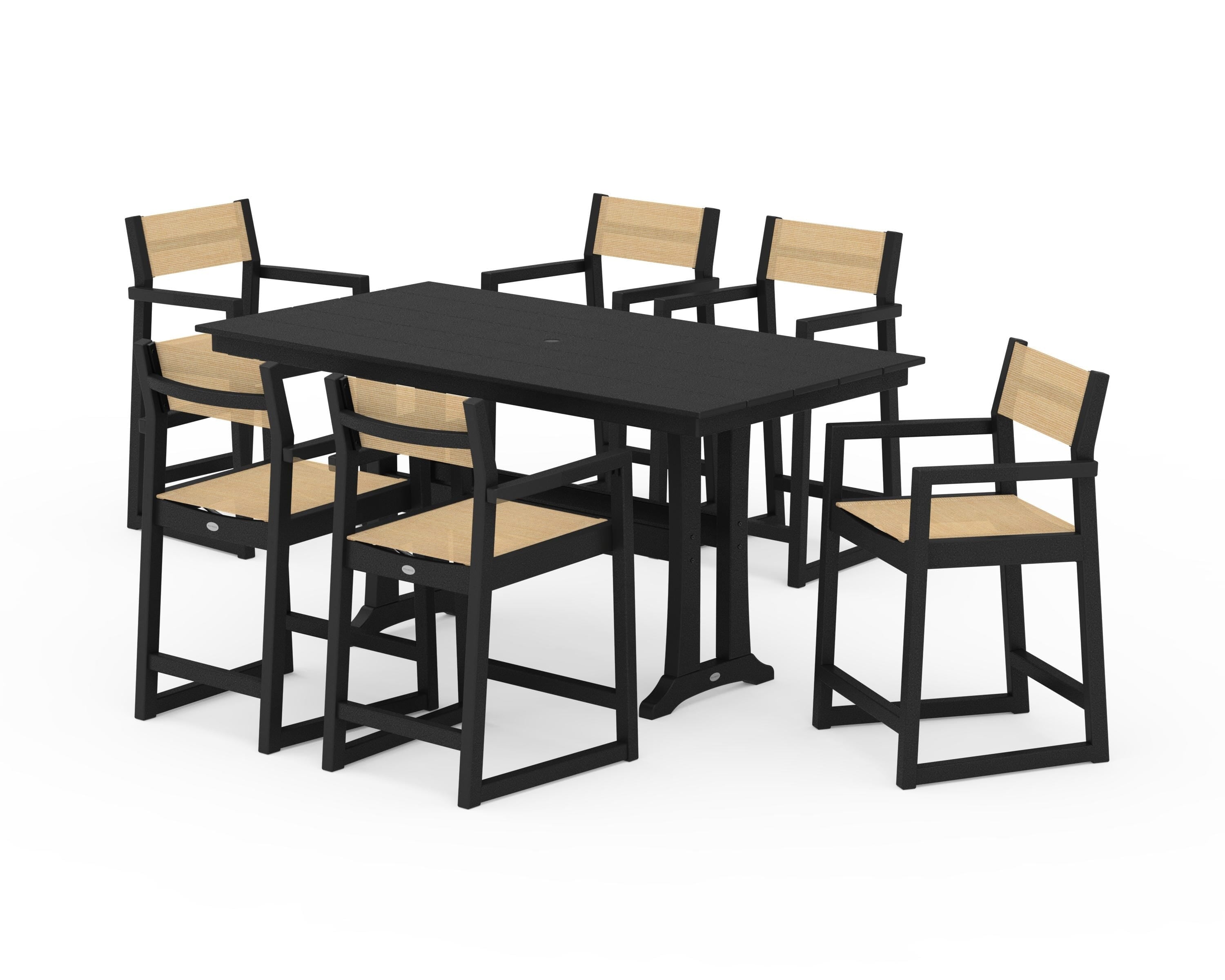 POLYWOOD® EDGE Sling Arm Chair 7-Piece Farmhouse Counter Set with Trestle Legs in Black / Dupioni Apricot Sling