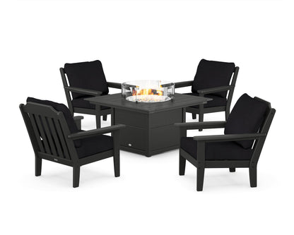 Country Living Cottage 5-Piece Deep Seating Set with Fire Pit Table in Black / Midnight Linen